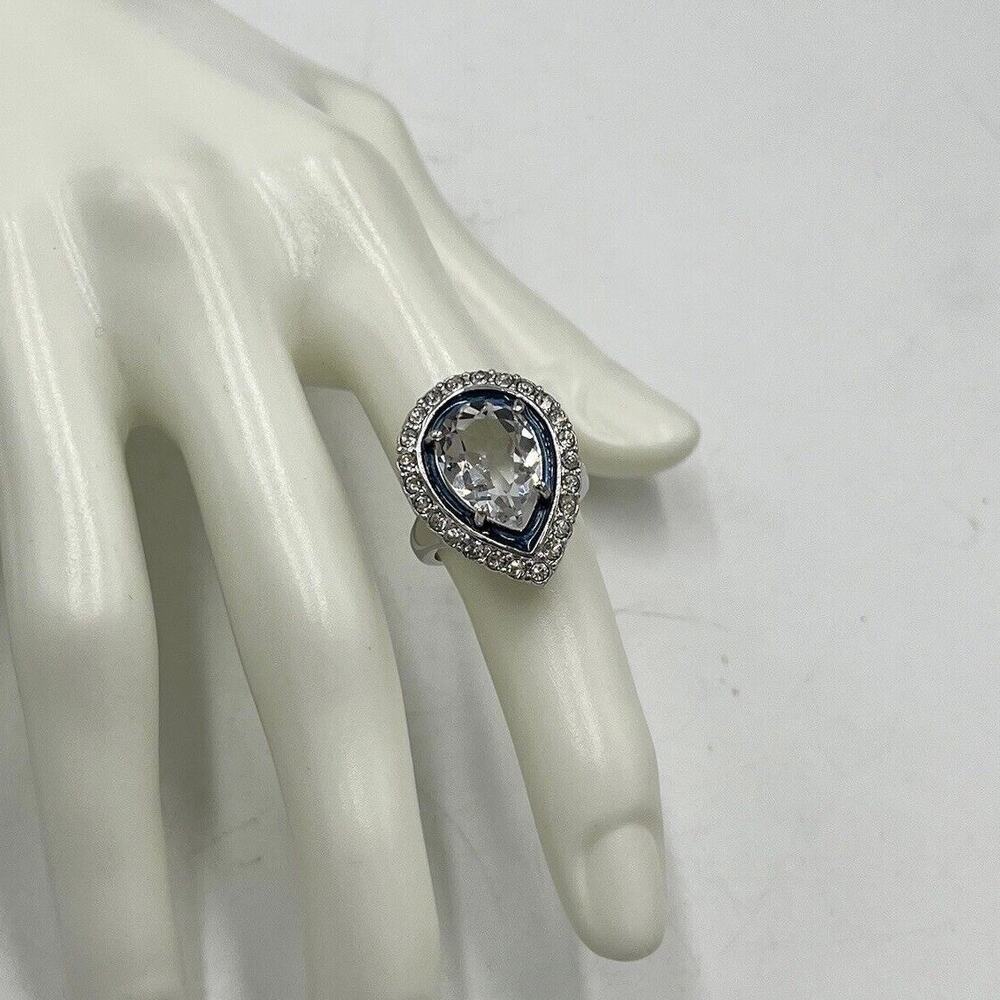 Kenneth Jay Lane Pear Shaped Cubic Zirconia Blue Enamel‎ Cocktail Ring Sz 6